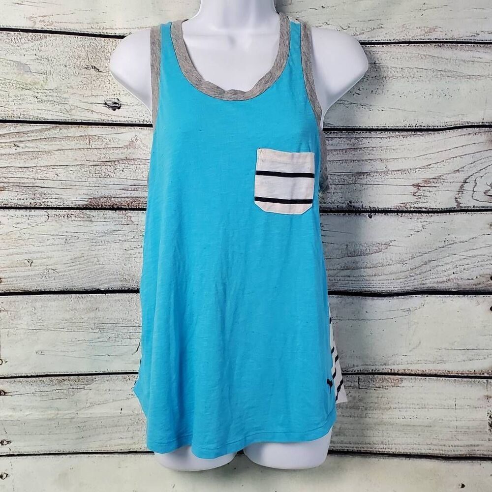 Victoria's Secret PINK Tank Top XS Blue Gray Stripe Pocket Racerback Cotton Blen